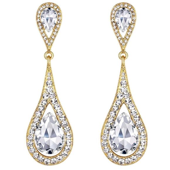 Yellow Gold with White Diamond Austrian Crystal Dual Dangling Teardrop Earrings - Picture 1 of 4